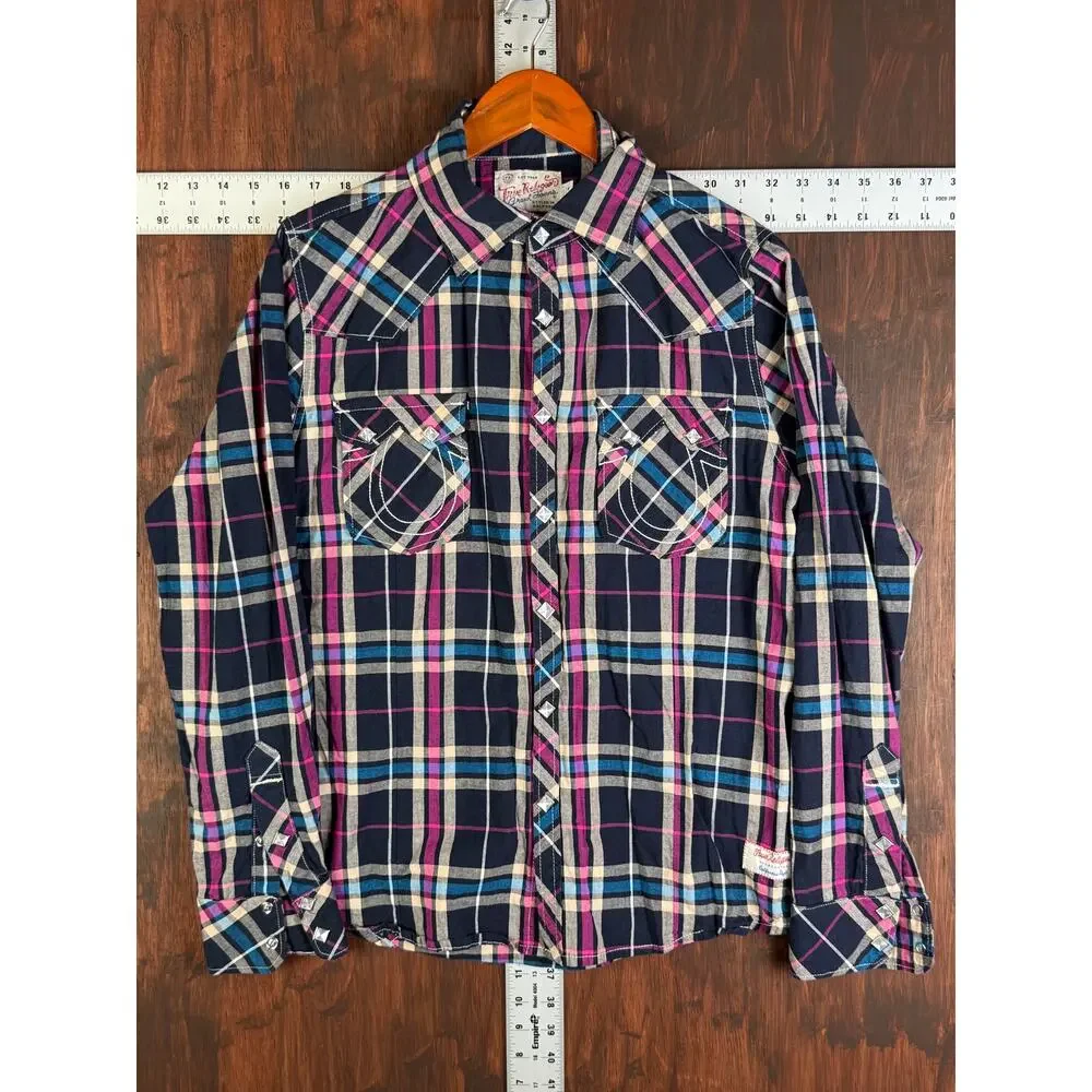 True Religion Rocky Western Long‎ Sleeve Square Pearl Snap Shirt Mens Medium EUC